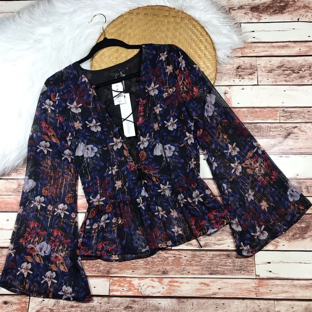NWT LF millau floral lace up bell‎ sleeve blouse